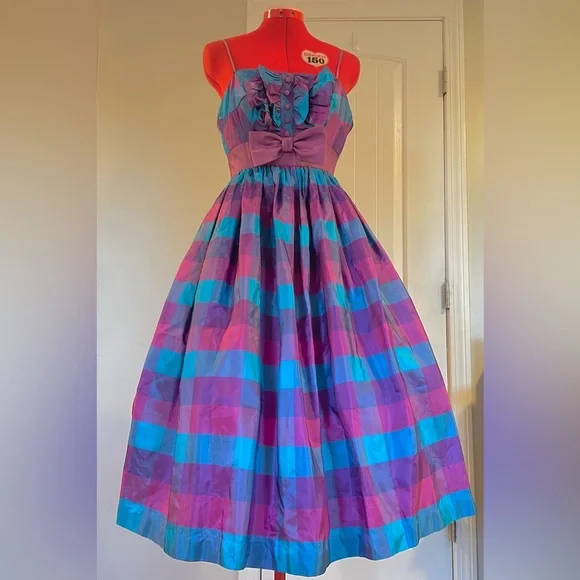 1960s / 1950s VTG Blue Purple Plaid Tuxedo Bodes Fit & Flare Sundress - Picture 2 of 9